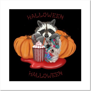Halloween Raccoon with skull and pumpkins in the blood puddle Posters and Art